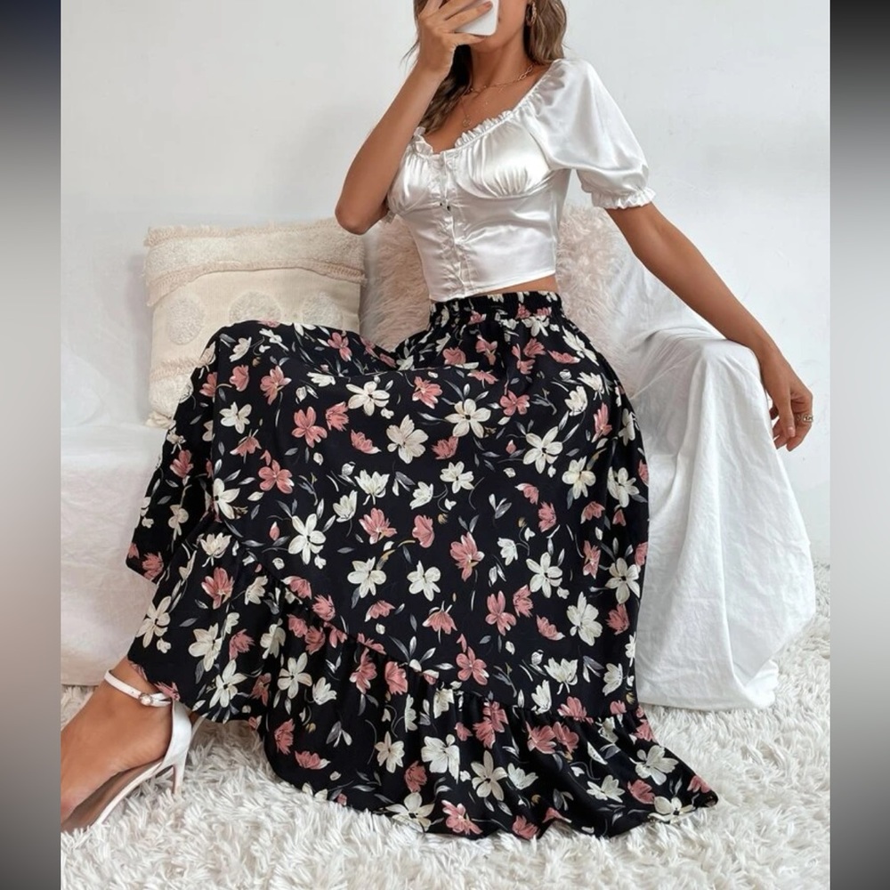 Floral Midi Skirt Ruffle Hem M - Picture 6 of 6
